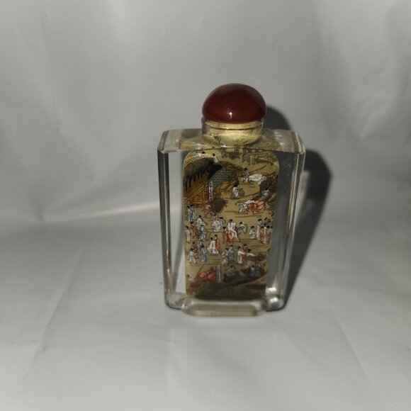 Hand-Painted Asian Scene Glass Snuff Bottle With Red Cap - Picture 5 of 8